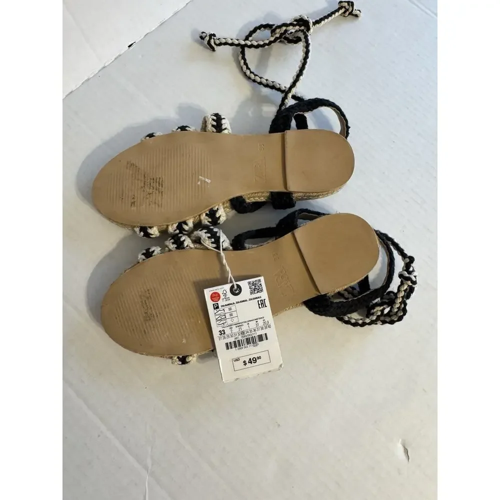 NWT Zara Black Cream Espadrille Crochet Strappy Sandal Girls 2 Boho Beach